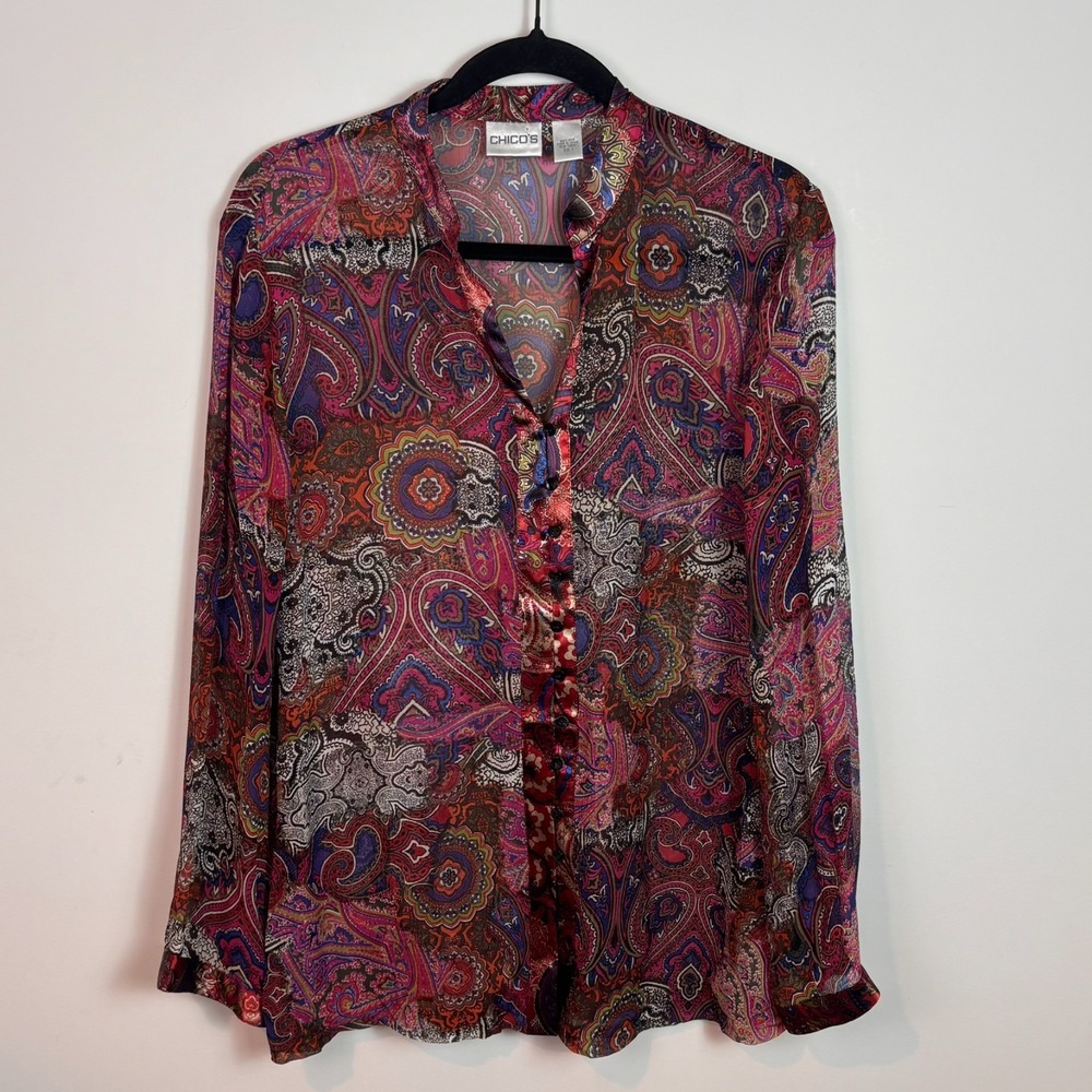 Chico's Womens 100% Silk multicolor floral button front semi-sheer blouse sz 1/M